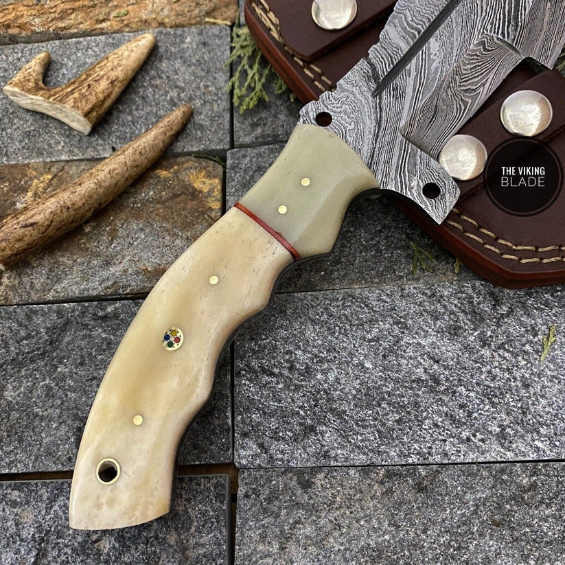 CUSTOM HAND FORGED DAMASCUS STEEL TRACKER HUNTING KNIFE WITH SHEATH