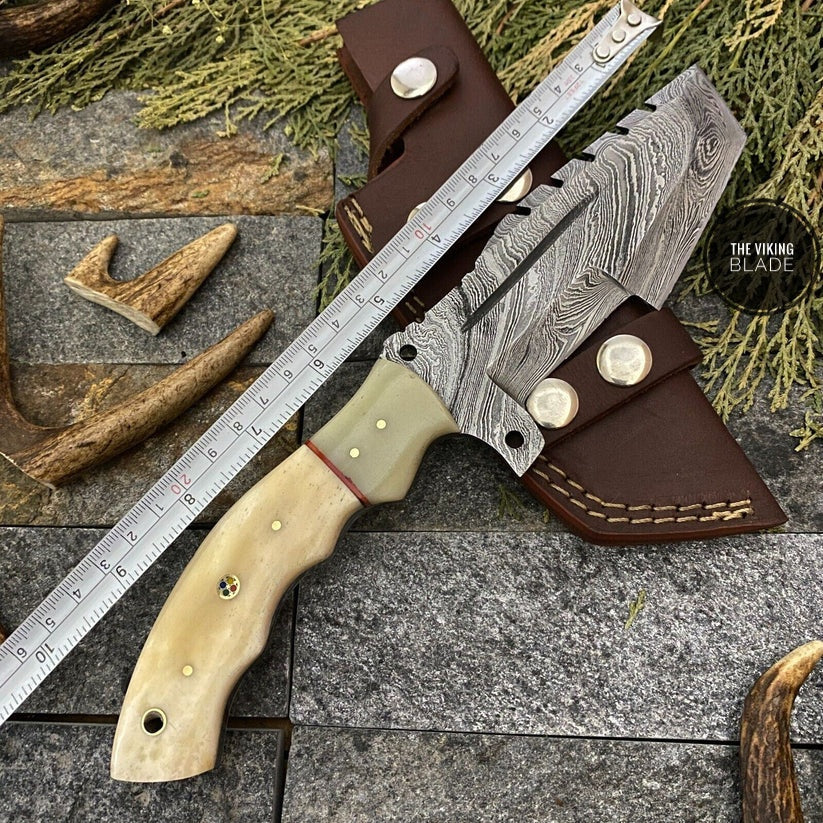 CUSTOM HAND FORGED DAMASCUS STEEL TRACKER HUNTING KNIFE WITH SHEATH