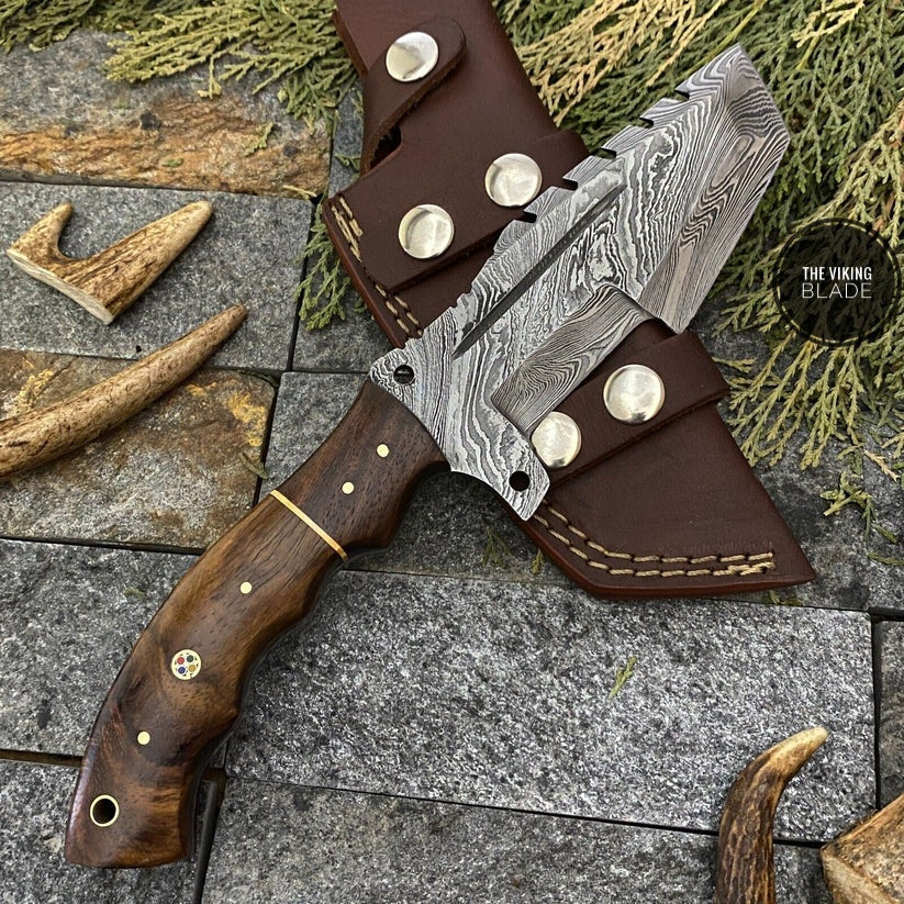 HAND FORGED DAMASCUS STEEL CAMPING TRACKER HUNTING KNIFE WITH SHEATH