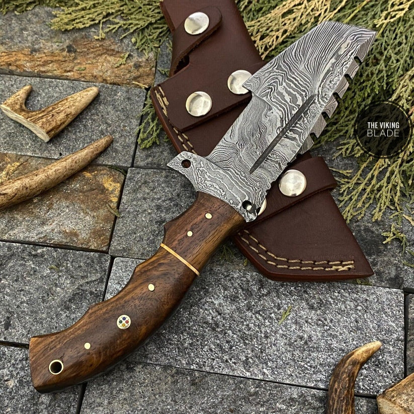 HAND FORGED DAMASCUS STEEL CAMPING TRACKER HUNTING KNIFE WITH SHEATH