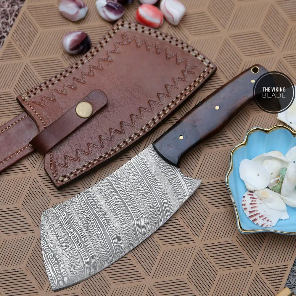 10" Damascus Chef Meat Cleaver with Dark Wood Handle & Leather Sheath, Damascus Steel Cleaver Chopper