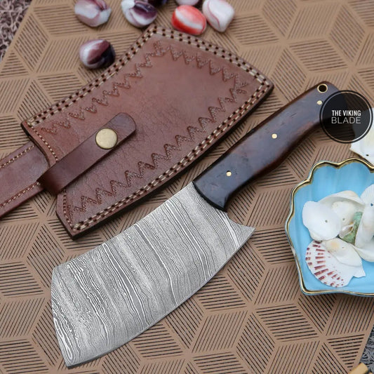 10" Damascus Chef Meat Cleaver with Dark Wood Handle & Leather Sheath, Damascus Steel Cleaver Chopper