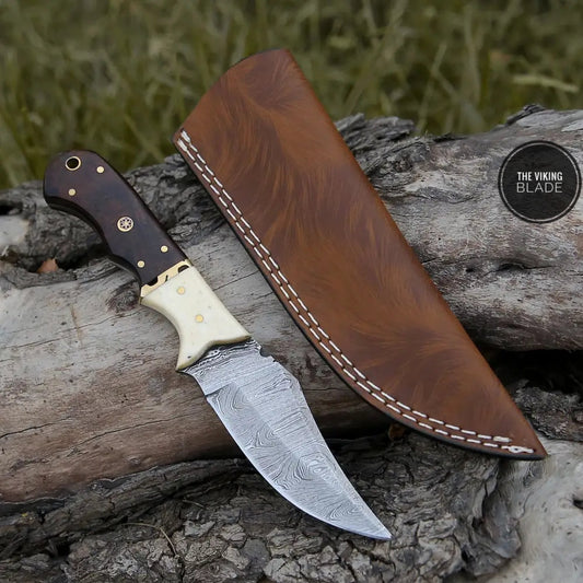 10” Custom Hand Forged Damascus Steel Full Tang Hunting Knife - Wood & Bone Handle