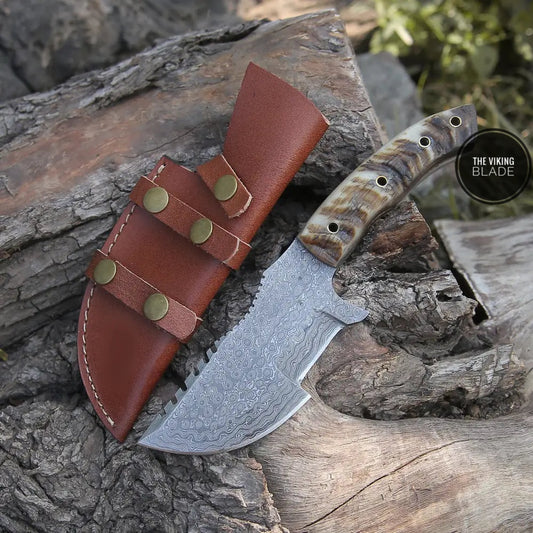 10”Custom Hand Made Forged Damascus Steel Tracker Hunting Camping Knife With Ram Horn Handle