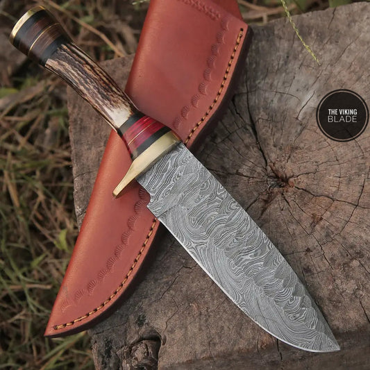 10”Custom HANDMADE DAMASCUS Steel Hunting Knife W / Stag Antler & Brass Guard