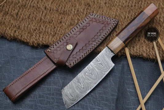 11" Handmade Santoku Damascus Chef Knife Olive Wood & Dark wood Handle with Leather Sheath