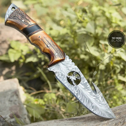 11” Custom Hand Forged Damascus Steel Full Tang Skinner Knife with Gut Hook - Stag Handle