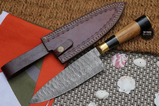 13" Handmade Santoku Damascus Chef Knife Buffalo Horn with Olive Wood Handle