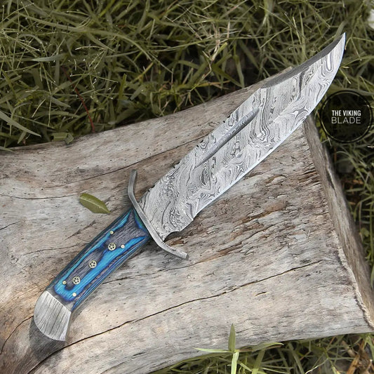 15" Handmade Damascus Steel Bowie Knife- Full Tang - Colored Wood Handle