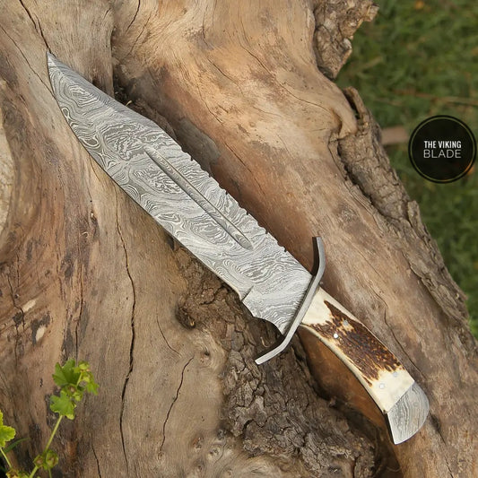 15" Handmade Damascus Steel Bowie Knife- Full Tang - Stag Antler Handle