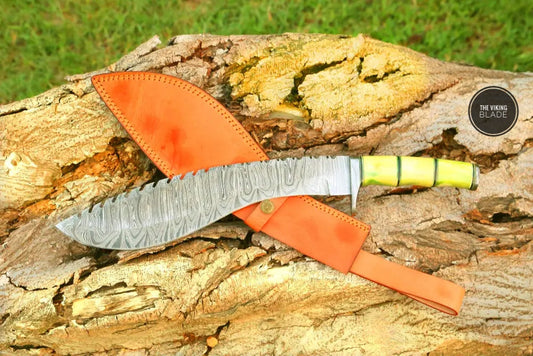 22" Custom Handmade Forged Damascus Steel Survival Hunting Bushcraft Kukri Knife EDC With Camel Bone Handle