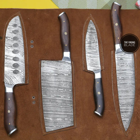 4 Piece Handmade Chef Set, 4 Piece Damascus Steel Knife Set, Kitchen Knife Set with Leather Cover
