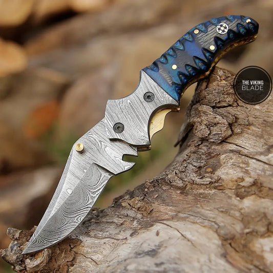 7" Handmade Forged Damascus Pocket Folding Knife - Blue Pakka Wood Handle - Damascus Bolster