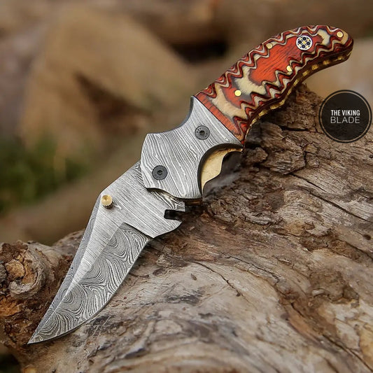 7" Handmade Forged Damascus Pocket Folding Knife - Orange Pakka Wood Handle - Damascus Bolster