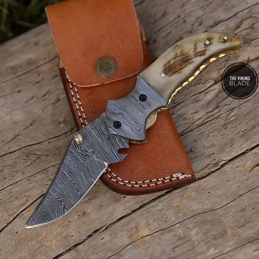 7" Handmade Forged Damascus Pocket Folding Knife - Ram Horn Handle - Damascus Bolster