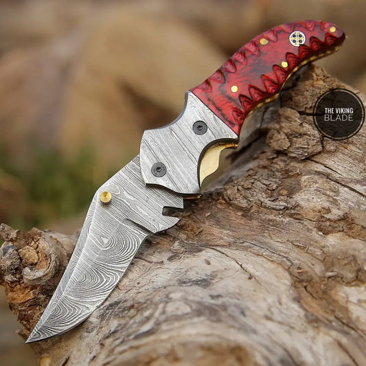 7" Handmade Forged Damascus Pocket Folding Knife - Red Pakka Wood Handle - Damascus Bolster