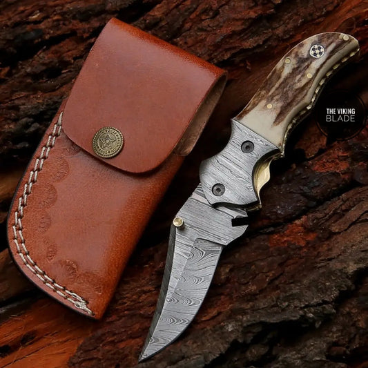 7" Handmade Forged Damascus Pocket Folding Knife - Stag Antler Handle - Damascus Bolster