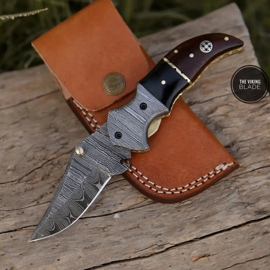 7" Handmade Forged Damascus Pocket Folding Knife - Wood & Bull Horn Handle - Damascus Bolster