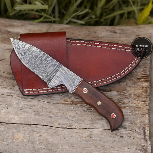 7.25” Handmade Forged Damascus Steel Full Tang Skinner Knife - Dark Wood Handle