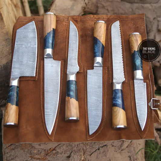 Handmade Damascus Chef Knife Set, 6 Pieces Damascus Steel Chef Knife Set, Kitchen Knife Set with Leather Cover