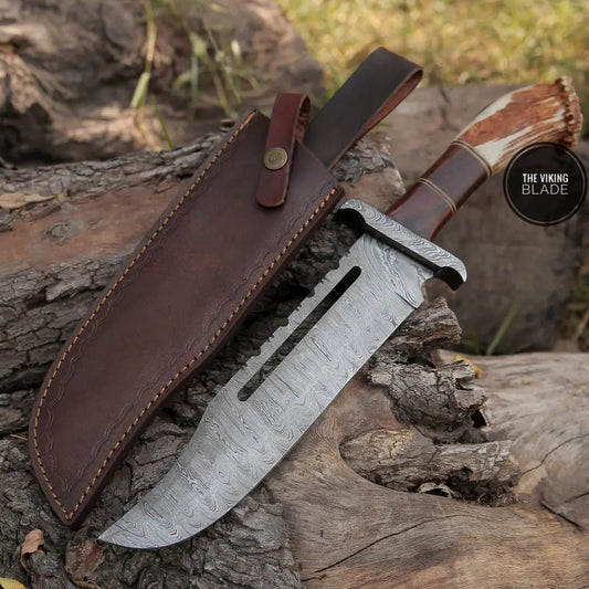Handmade Forged Damascus Steel Hunting Bowie Rambo Knife With Deer Stag Antler Handle