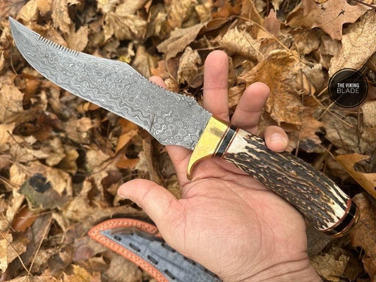 Custom Handmade Damascus Steel Knife with Stag Antler Handle – Premium 13 inches, Brass Hilt, Rain Drop Pattern – Ideal for Hunting, Camping, Outdoor Adventures