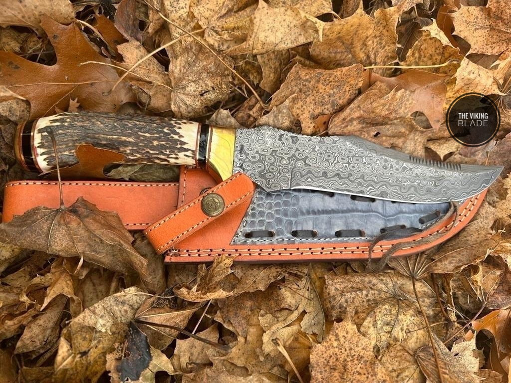 Custom Handmade Damascus Steel Knife with Stag Antler Handle – Premium 13 inches, Brass Hilt, Rain Drop Pattern – Ideal for Hunting, Camping, Outdoor Adventures