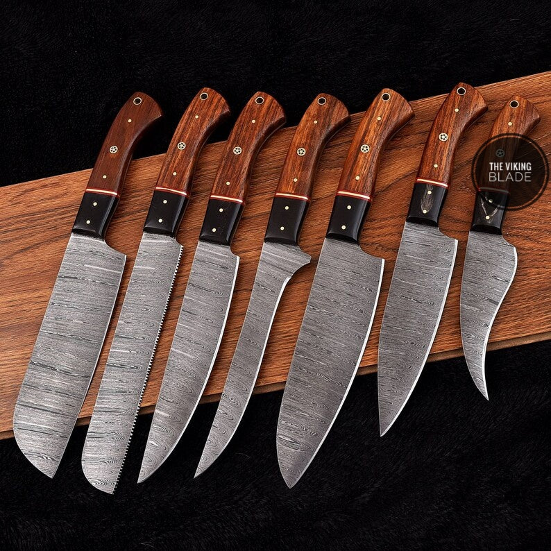 Hand-Forged 7-Piece Damascus Kitchen Chef Set with Black Micarta & Pakka Wood Handles and Steel Bolster, Gift For Him, Gift For Her, Vintage