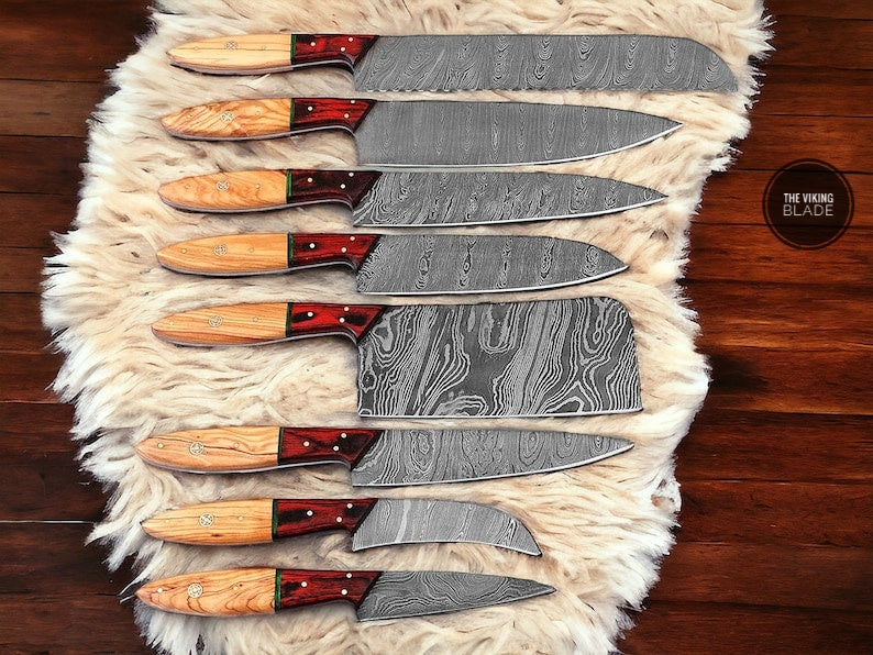 Handmade Professional Kitchen Damascus Knife Set, 8pcs Best Damascus Steel Chef Kitchen Knife set
