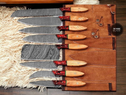 Handmade Professional Kitchen Damascus Knife Set, 8pcs Best Damascus Steel Chef Kitchen Knife set