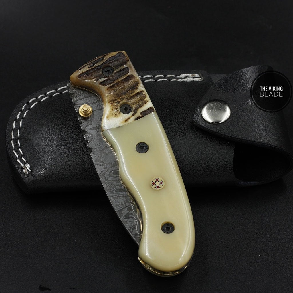 Custom Handmade Damascus Steel Folding Pocket Knife With Leather Pouch