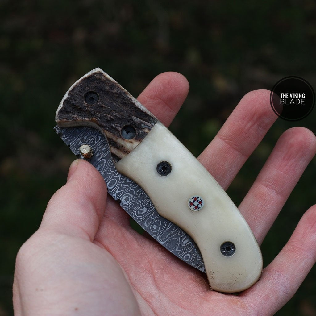 Custom Handmade Damascus Steel Folding Pocket Knife With Leather Pouch