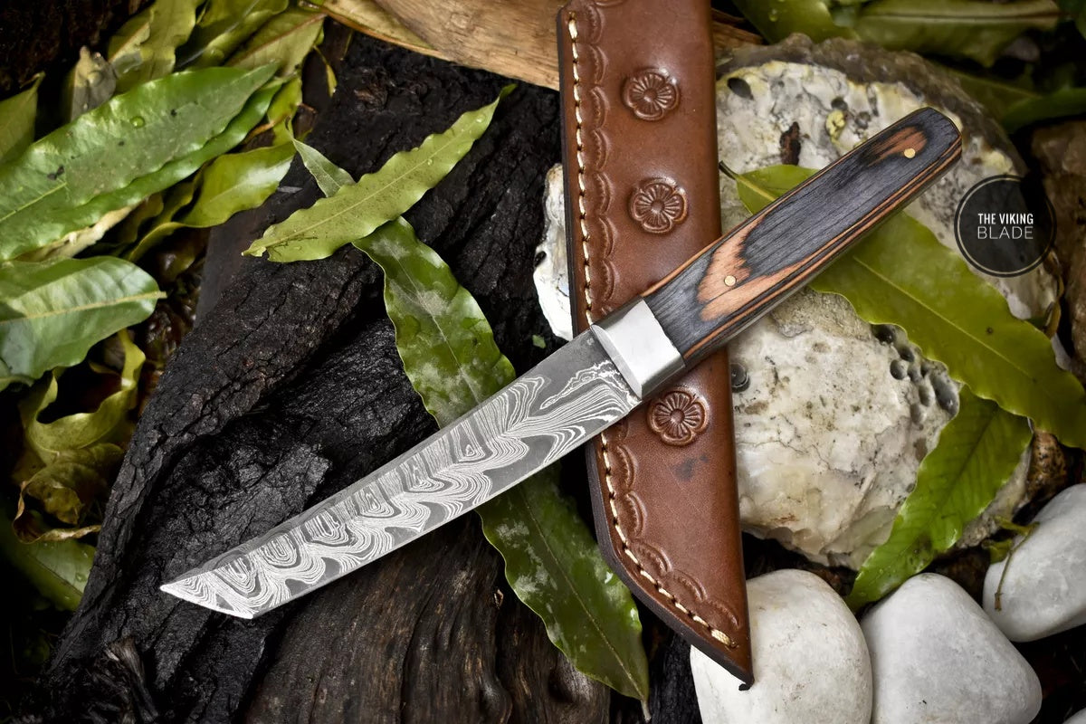 Forged Twist Damascus Tanto Knife Hard Wood Outdoor Gift Steel Bolster