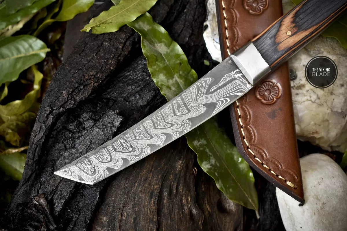 Forged Twist Damascus Tanto Knife Hard Wood Outdoor Gift Steel Bolster