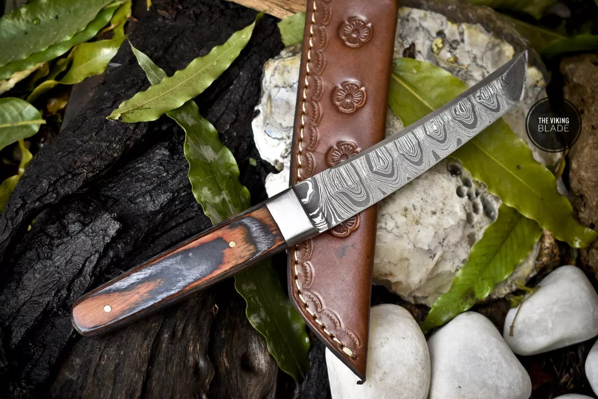 Forged Twist Damascus Tanto Knife Hard Wood Outdoor Gift Steel Bolster