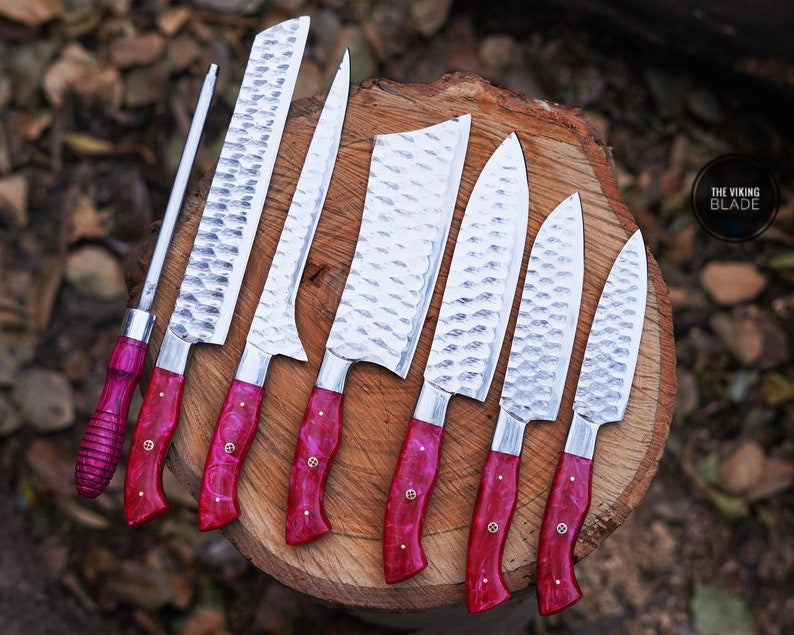 Custom Hand Forged Chef Kitchen Knives Set With Leather Roll Kit