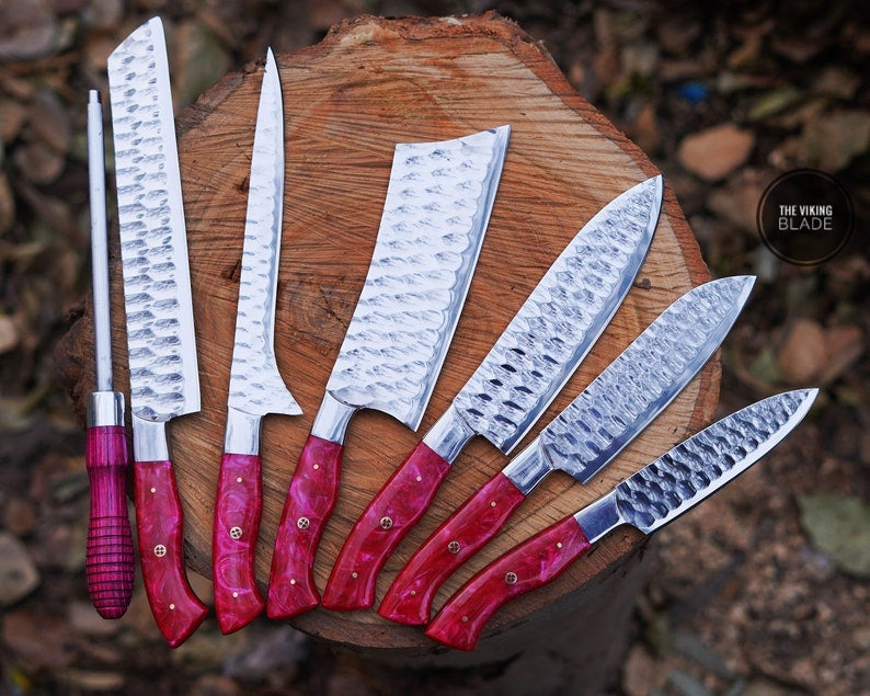 Custom Hand Forged Chef Kitchen Knives Set With Leather Roll Kit