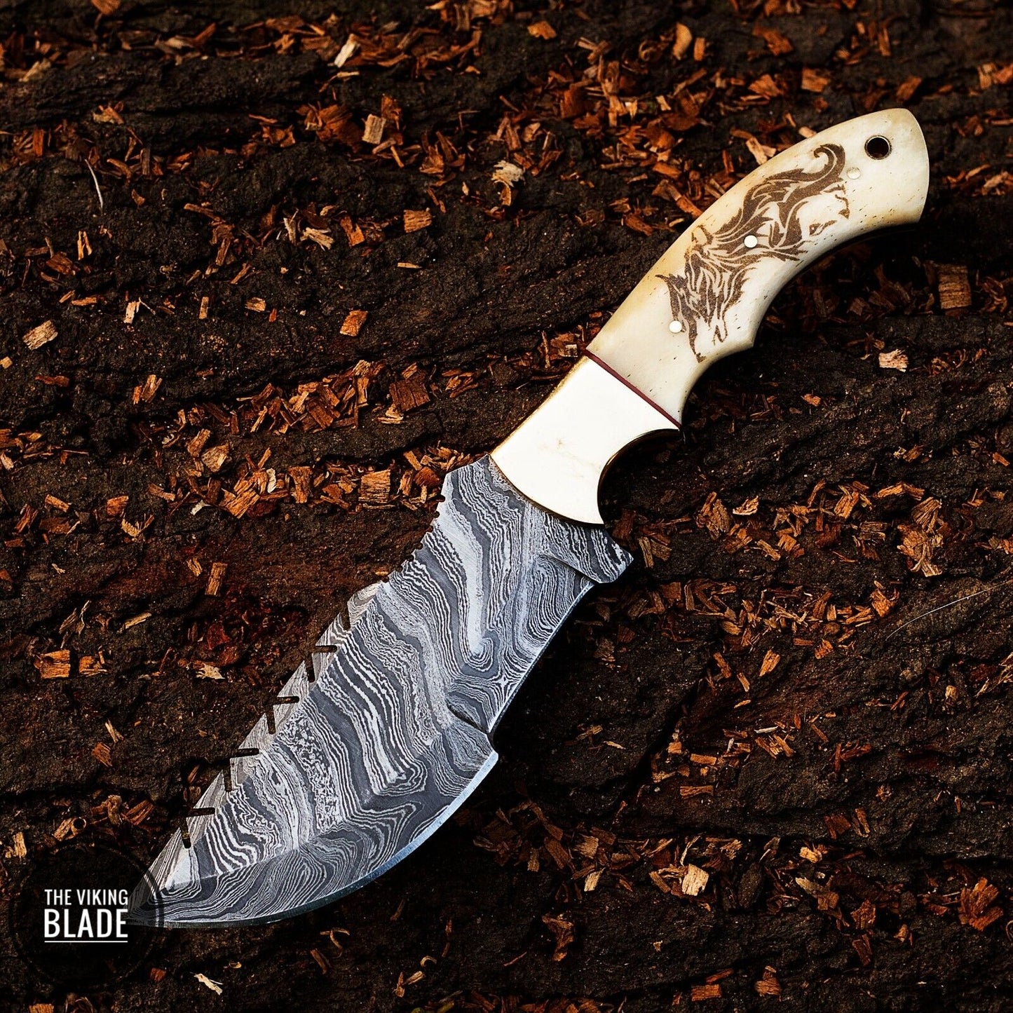 9'' Handmade Damascus Hunting Brass Bolster Tracker Knife W/Sheath