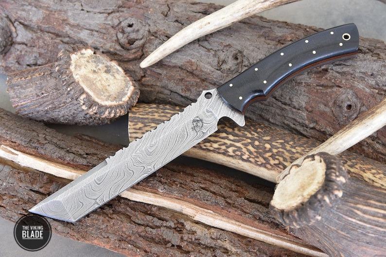 Custom Handmade Damascus Steel Tanto Knife With Leather Sheath