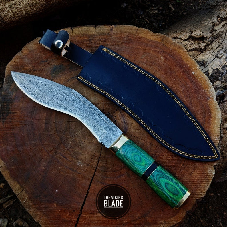 Custom Handmade Damascus Steel Kukri Knife With Leather Sheath