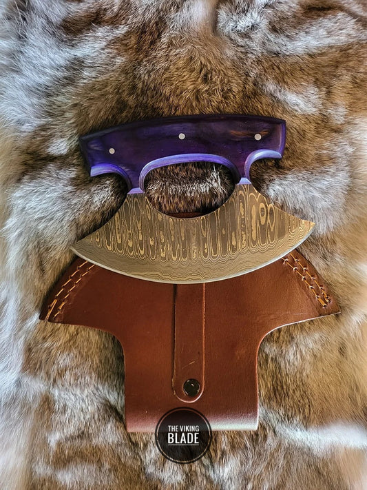 Purple Alaskan Ulu Knife With Leather Sheath