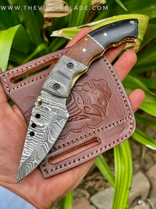 Custom Handmade Damascus Steel Folding Pocket Knife With Leather Sheath