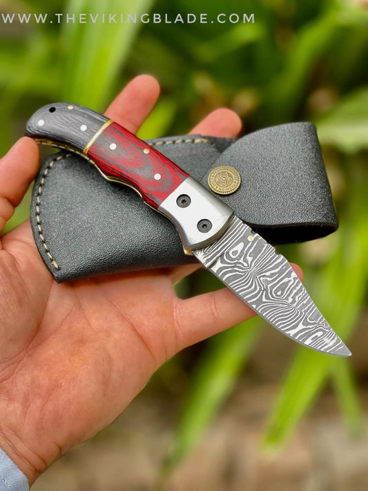 Custom Handmade Damascus Steel Folding Pocket Knife With Leather Pouch