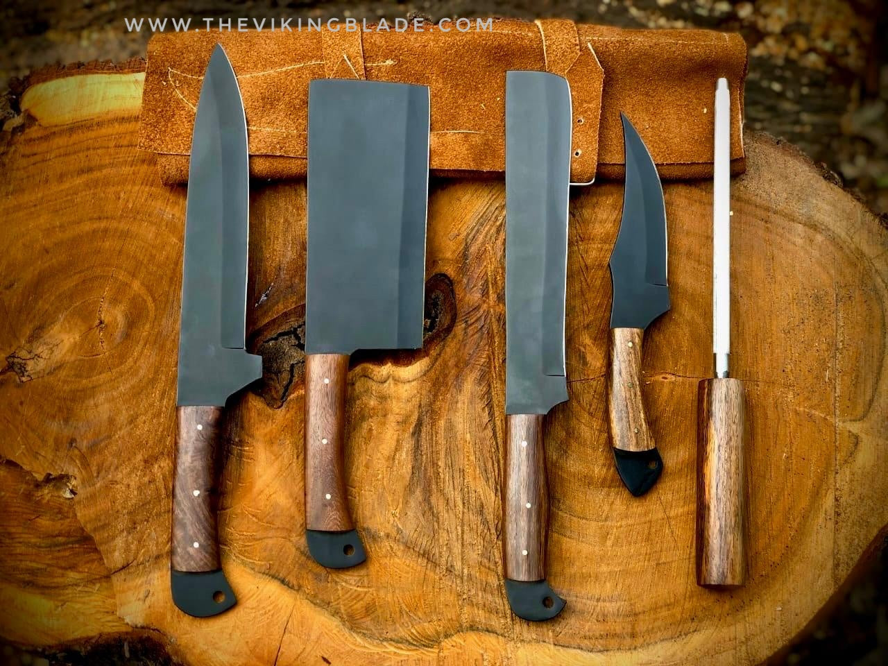 Custom Handmade D2 Steel Kitchen Knives Set With Leather Roll Kit