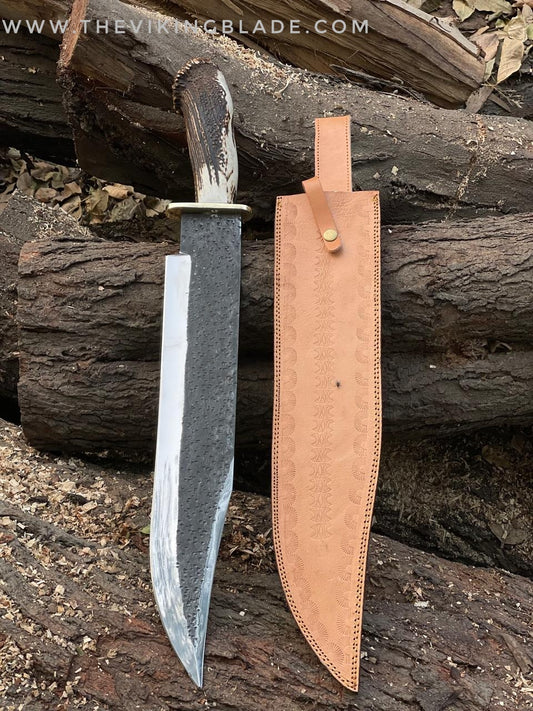 Jungle Bowie Knife: Custom Handmade D2 Steel Smithsonian Replica Antique Bowie Hunting Knife with Buffalo Horn Handle, Fixed Blade Knife