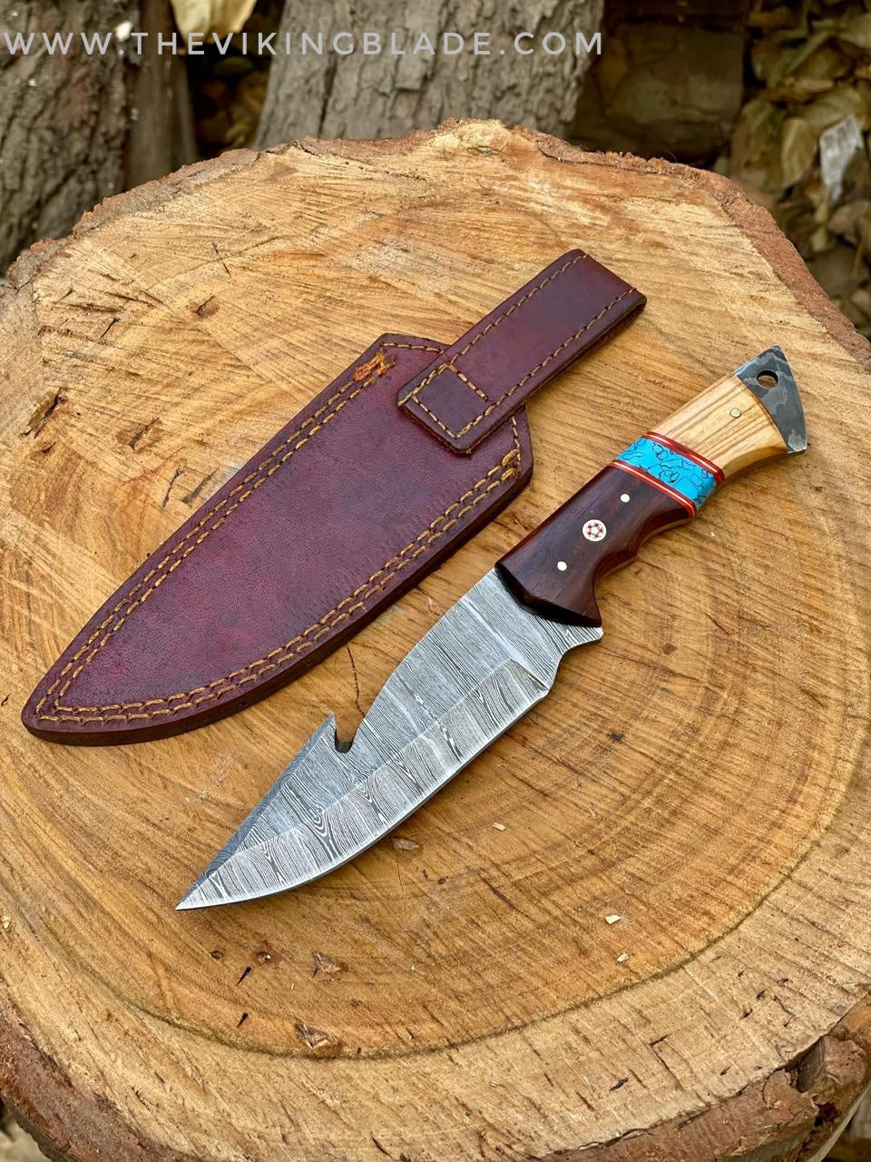 Hand Forged Damascus Steel Gut Hook Hunting Knife With Leather Sheath