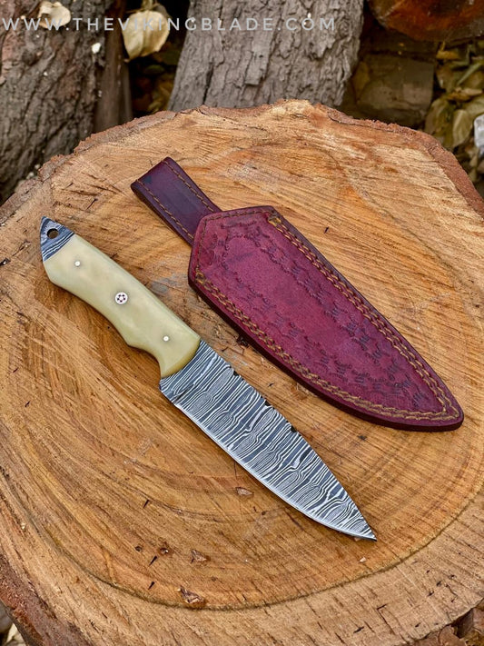 Custom Handmade Damascus Steel Skinner Hunting Knife With Leather Sheath