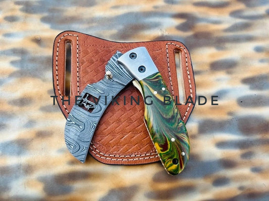 Custom Handmade Damascus Steel Hawkbill Pocket Knife With Leather Sheath