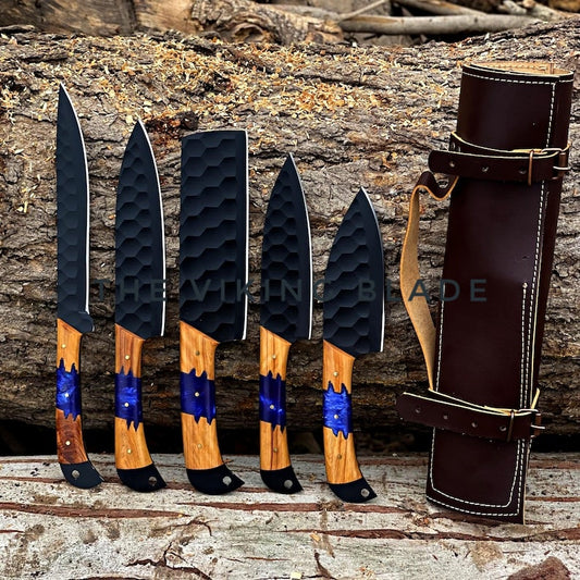 Custom Handmade Kitchen Knives With Leather Roll Kit