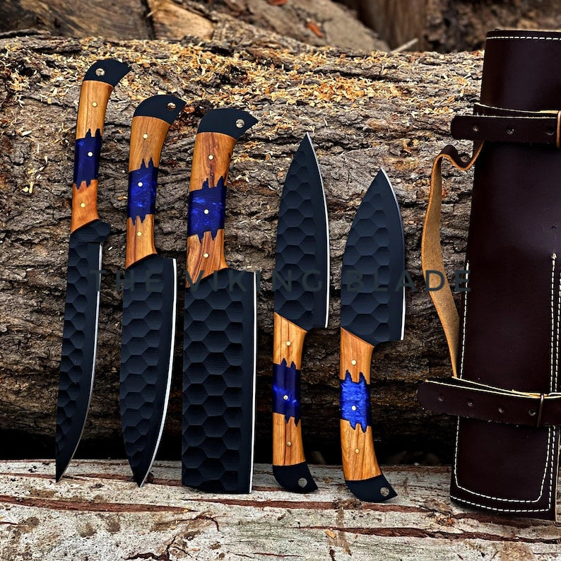 Custom Handmade Kitchen Knives With Leather Roll Kit